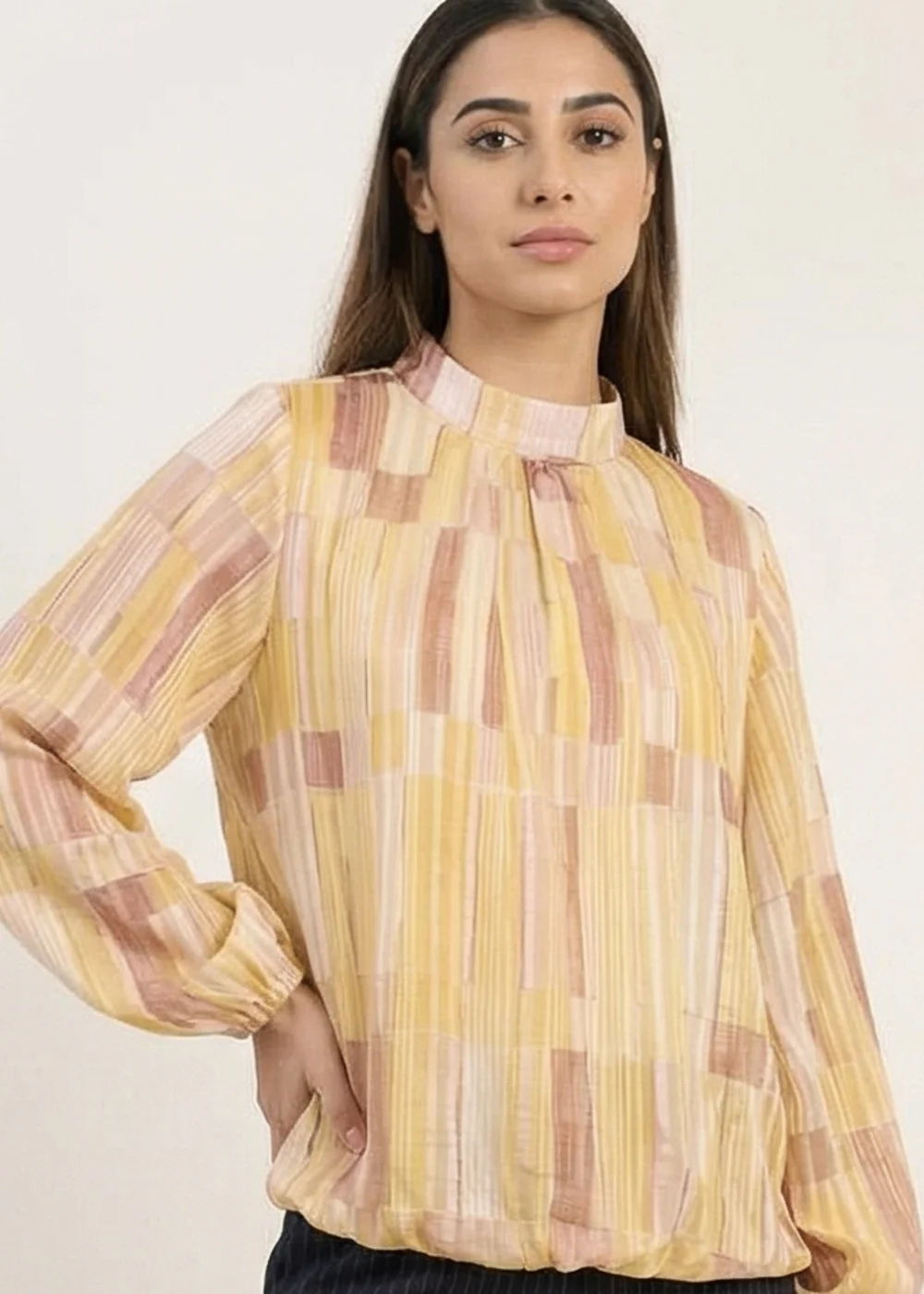Blue Vanilla Yellow Tile Print Puffball Blouse With Metallic Detail - S/M Image 3