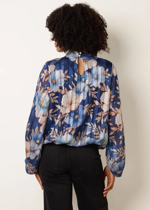 Blue Vanilla Navy Floral Metallic Puffball Top - S/M Image 4