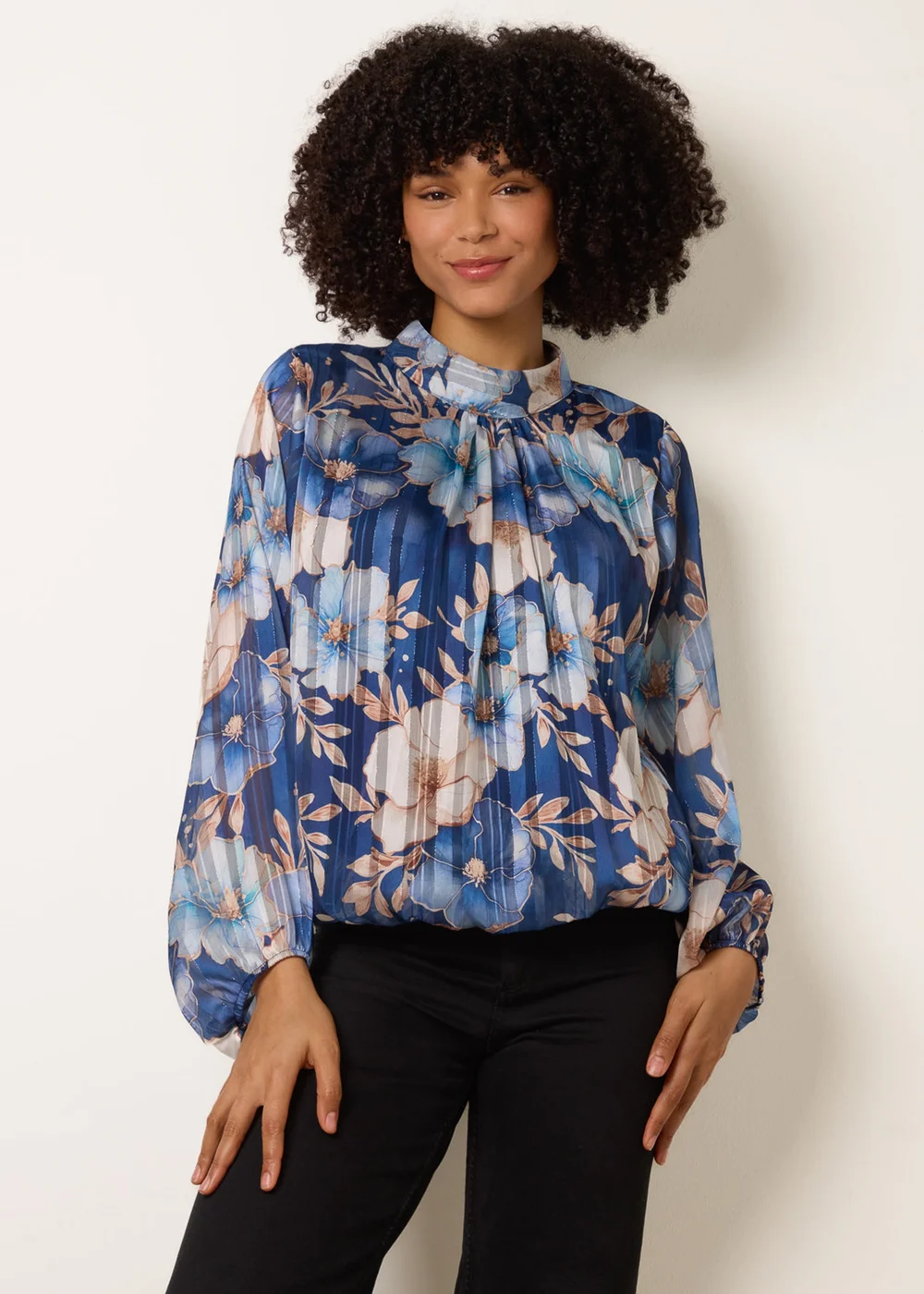 Blue Vanilla Navy Floral Metallic Puffball Top - S/M Image 3