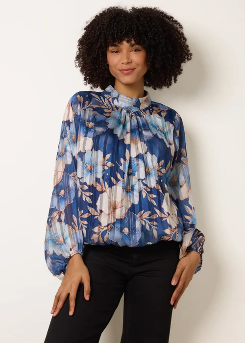 Blue Vanilla Navy Floral Metallic Puffball Top - S/M Image 3