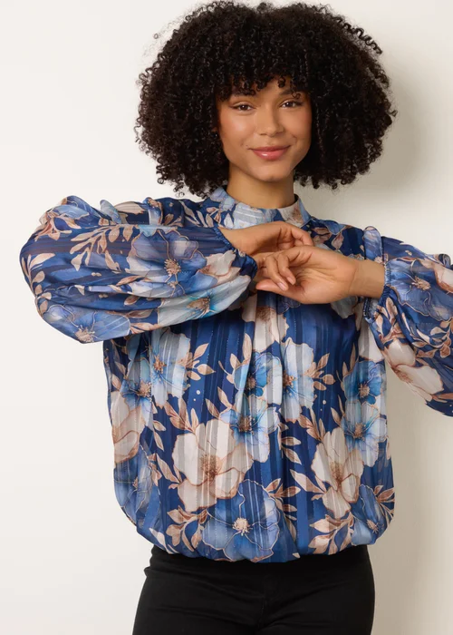 Blue Vanilla Navy Floral Metallic Puffball Top - S/M Image 1
