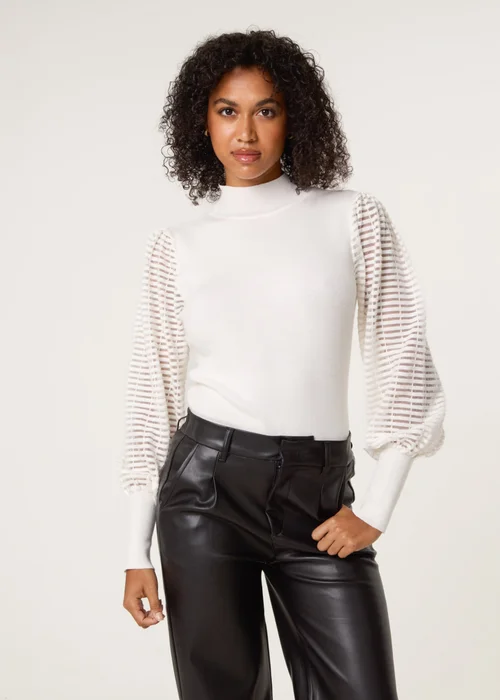 Blue Vanilla Ivory Semi-Sheer Mesh Panel Long Sleeve Jumper - L Image 3