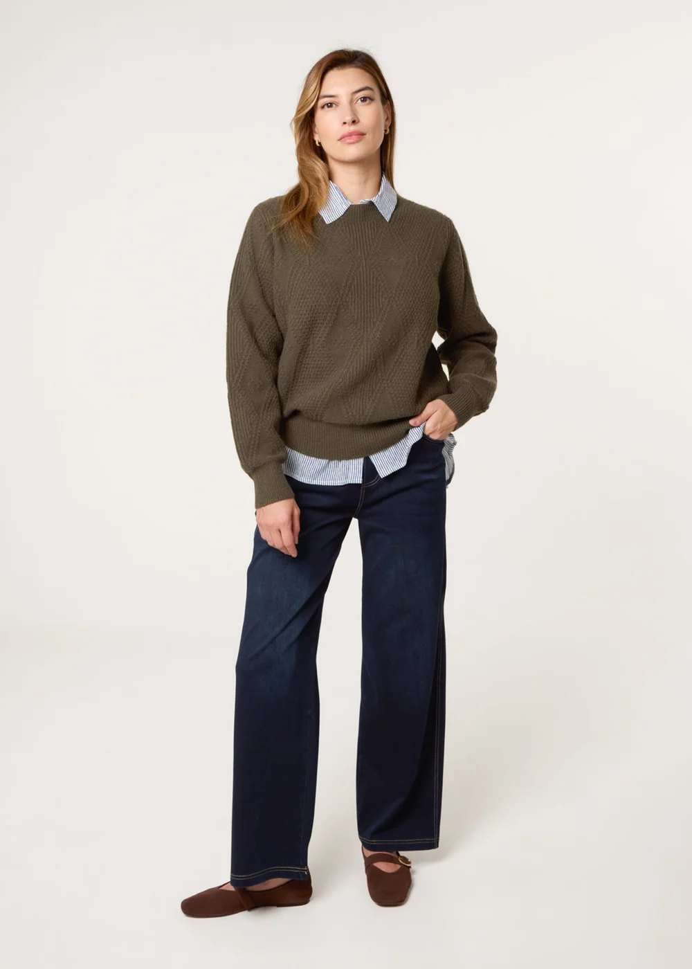 Blue Vanilla Khaki Argyle Texture Knit Jumper - M Image 2