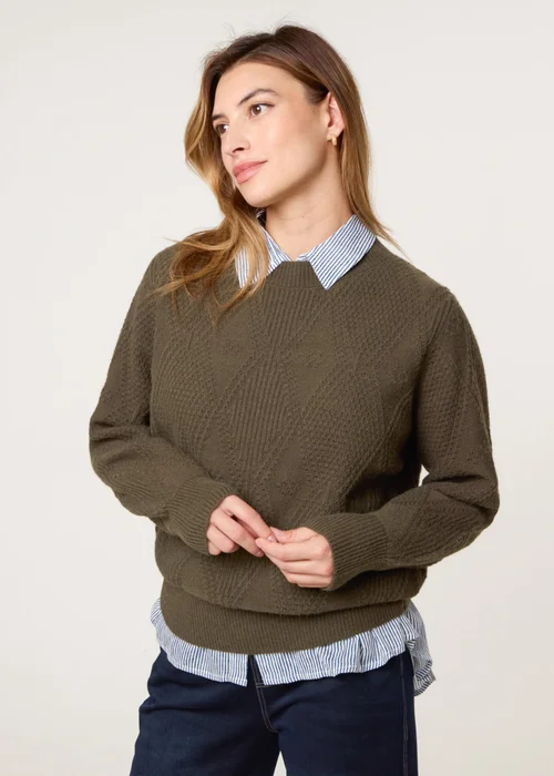 Blue Vanilla Khaki Argyle Texture Knit Jumper - M Image 1