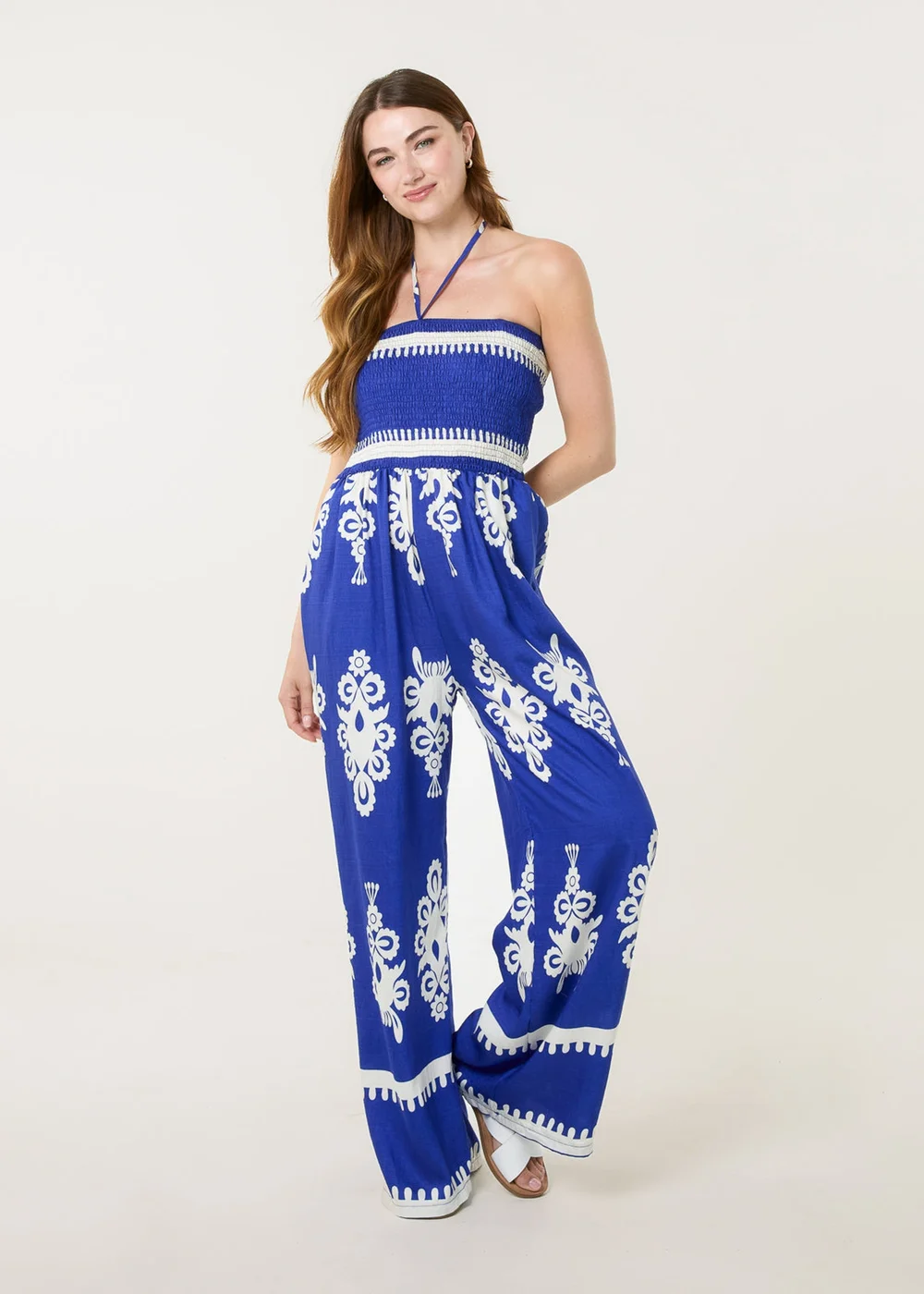 Blue Vanilla Blue Halter Neck Shirred Waist Jumpsuit - S/M Image 1
