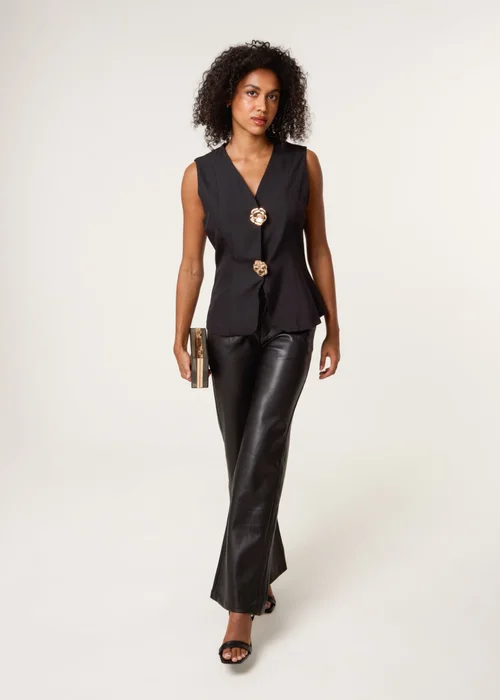 Blue Vanilla Black Tailored Flower Button Front Sleeveless Vest - 10 Image 3