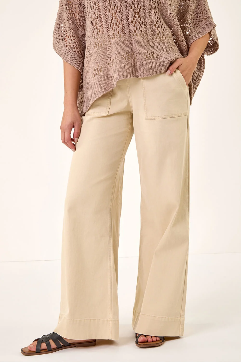 Roman Beige Cotton Stretch Wide Leg Jean - 10 Image 4