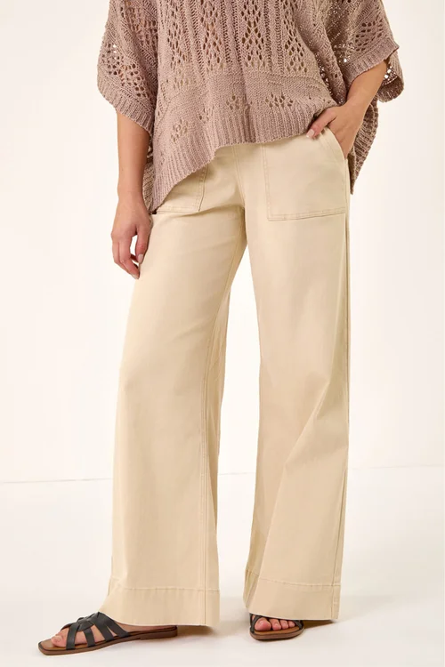Roman Beige Cotton Stretch Wide Leg Jean - 10 Image 4