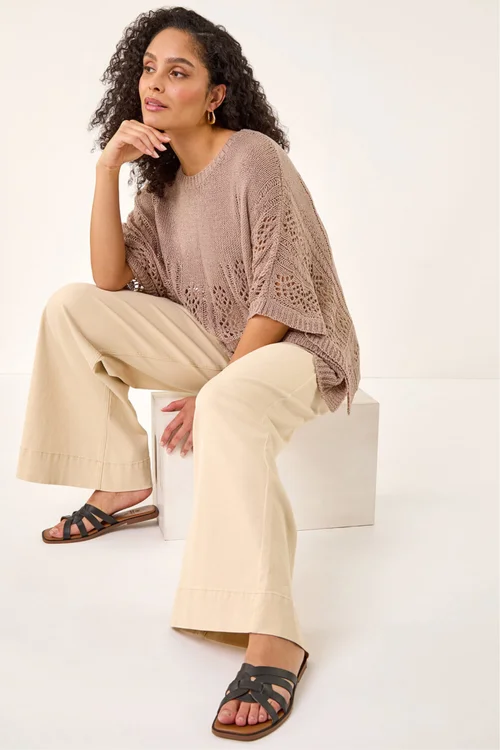 Roman Beige Cotton Stretch Wide Leg Jean - 10 Image 1