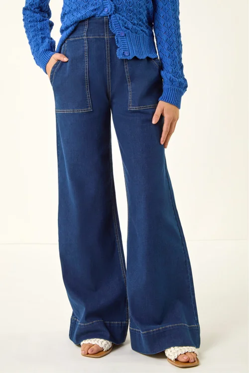 Roman Indigo Cotton Stretch Wide Leg Jean - 16 Image 4