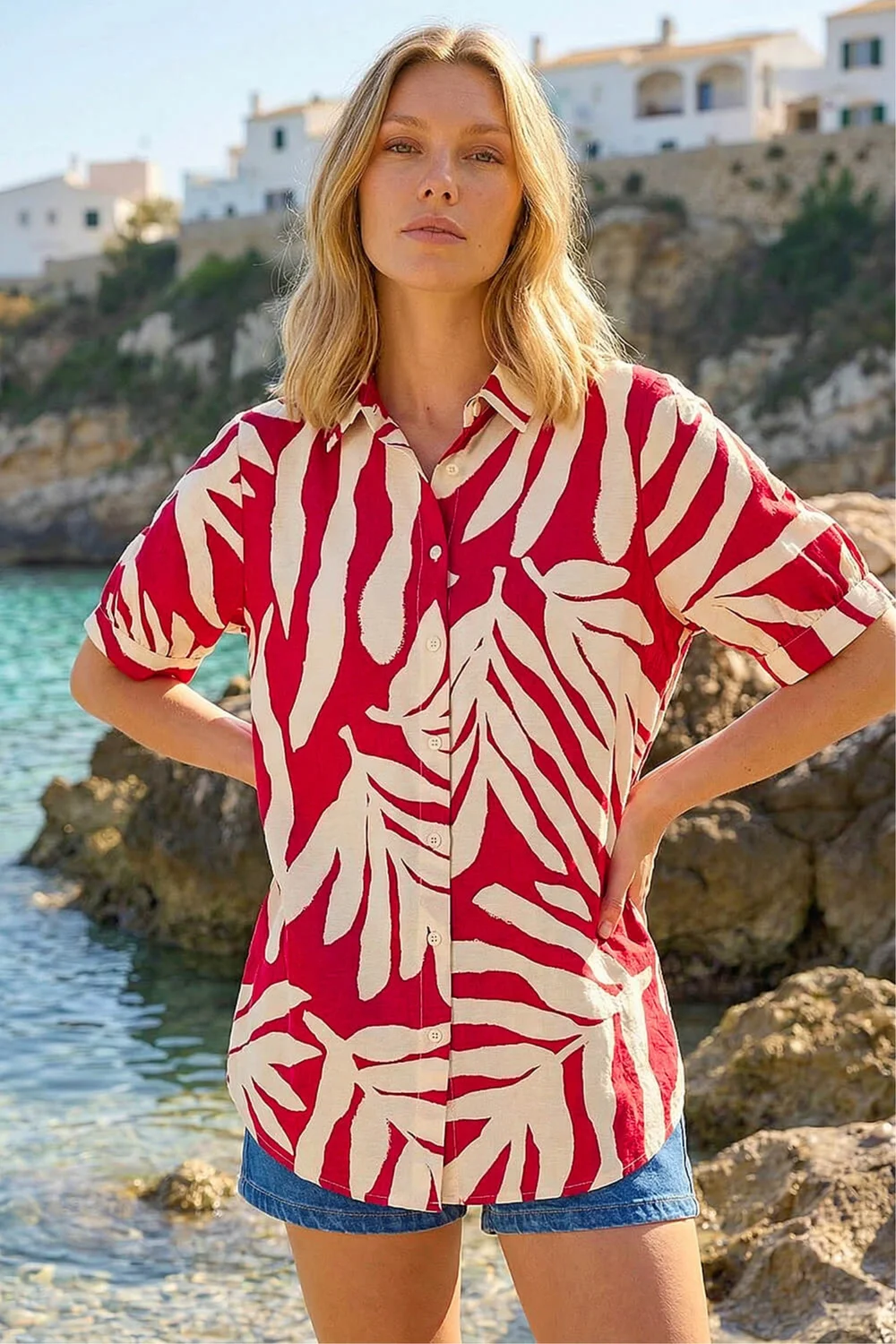 Roman Red Abstract Print Collared Shirt - 12 Image 1