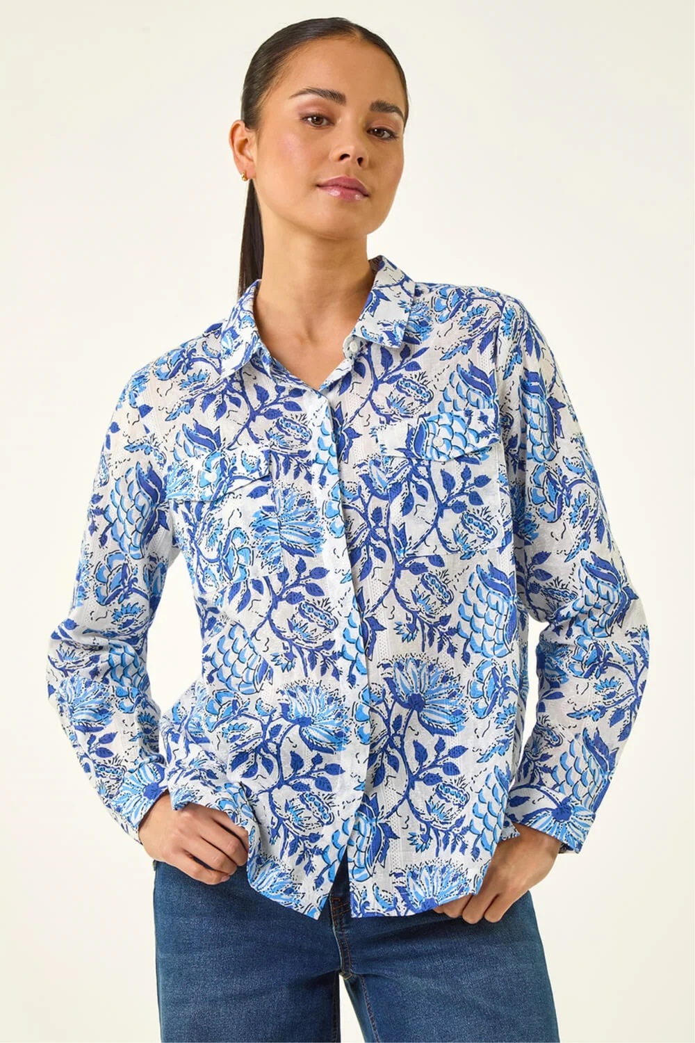 Roman Blue Petite Floral Embroidered Blouse - 12 Image 4