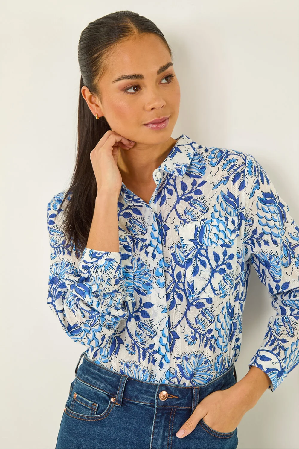 Roman Blue Petite Floral Embroidered Blouse - 12 Image 1