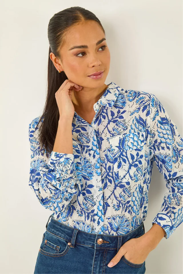 Roman Blue Petite Floral Embroidered Blouse