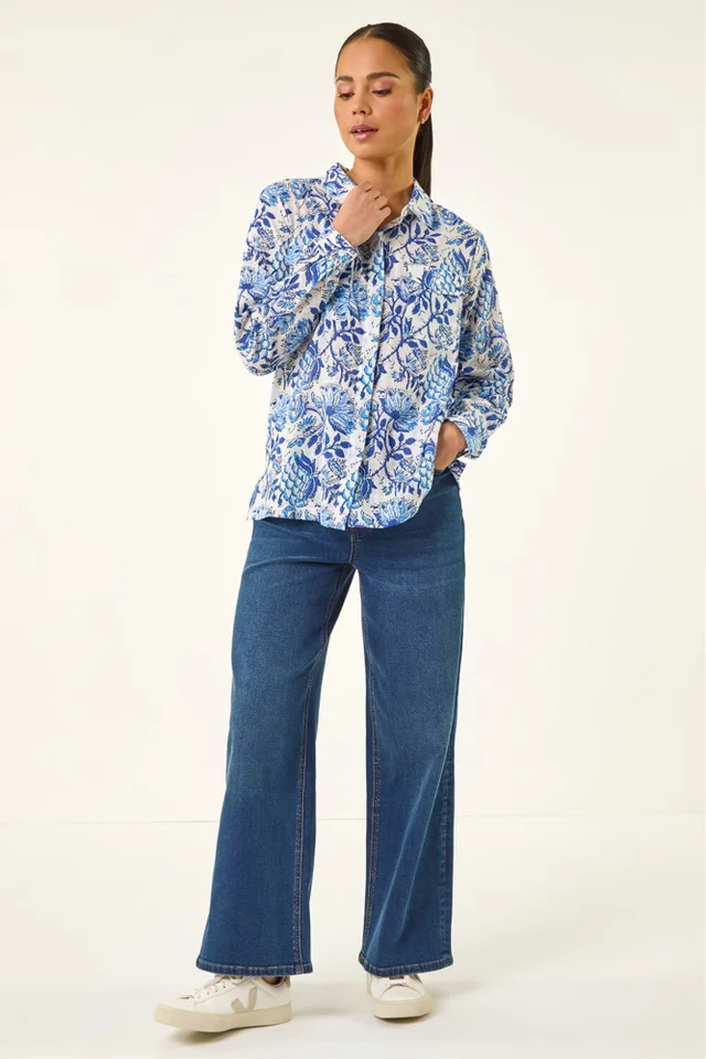 Roman Blue Petite Floral Embroidered Blouse