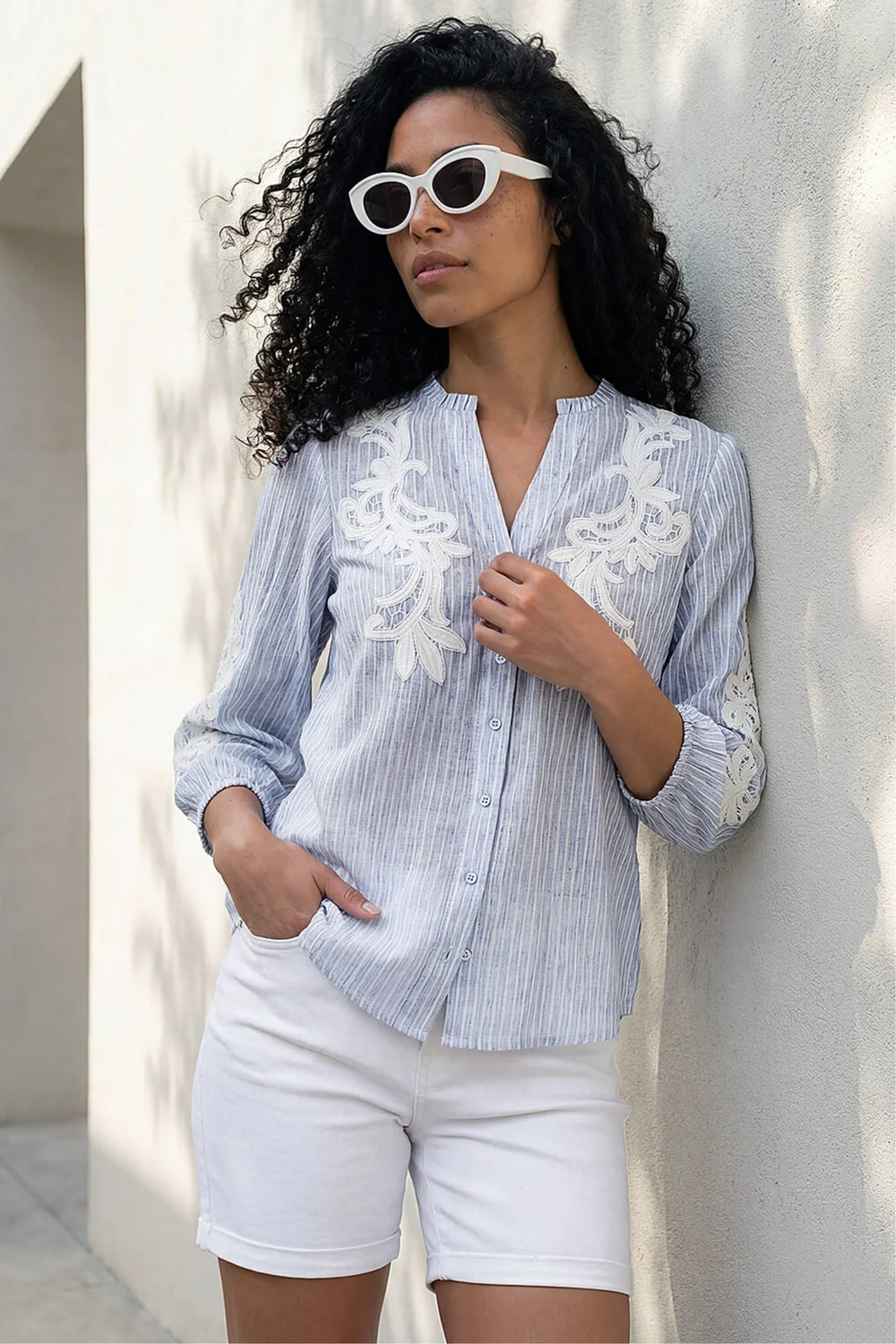 Roman Light Blue Lace Applique Stripe Shirt - 10 Image 2