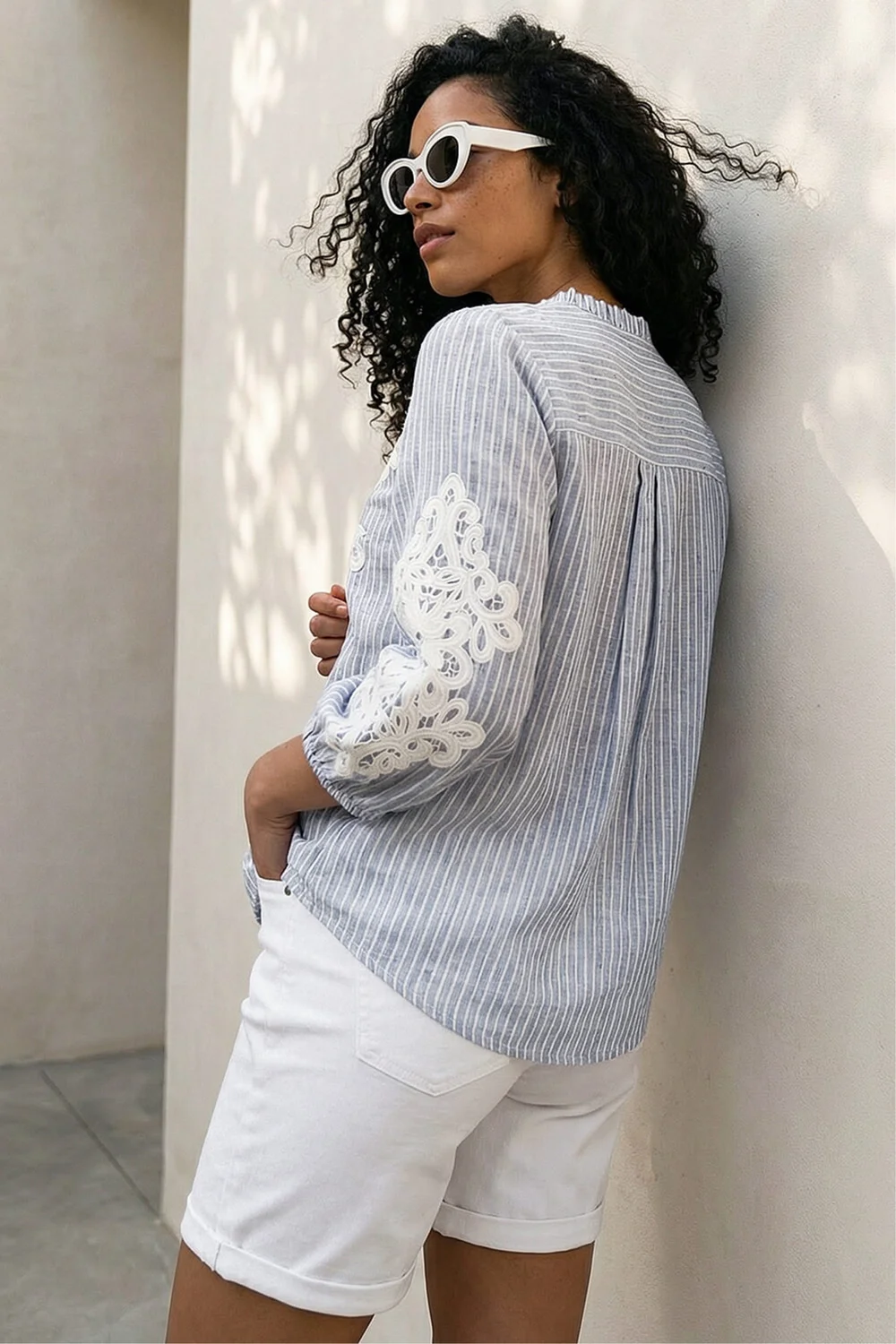 Roman Light Blue Lace Applique Stripe Shirt - 10 Image 3