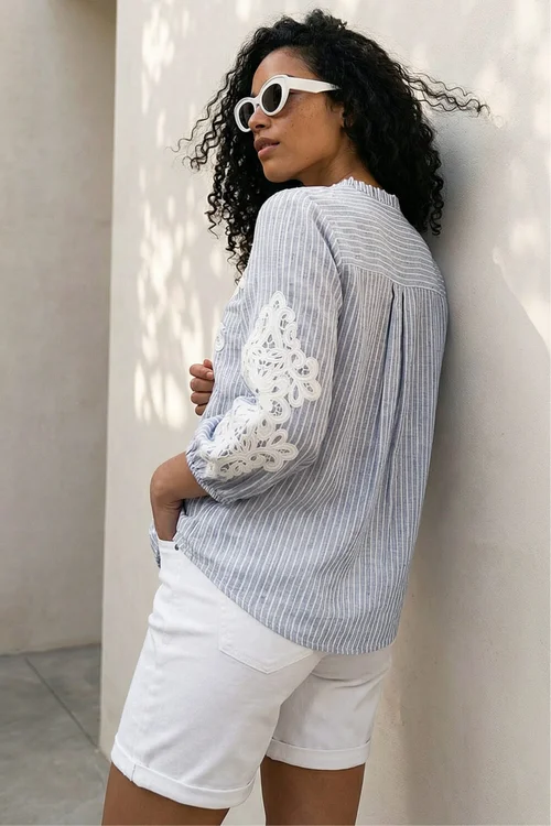 Roman Light Blue Lace Applique Stripe Shirt - 10 Image 3