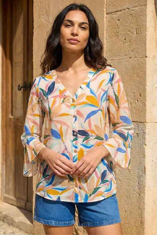 Roman Blue Leaf Print Flare Sleeve Blouse - 14 Image 1