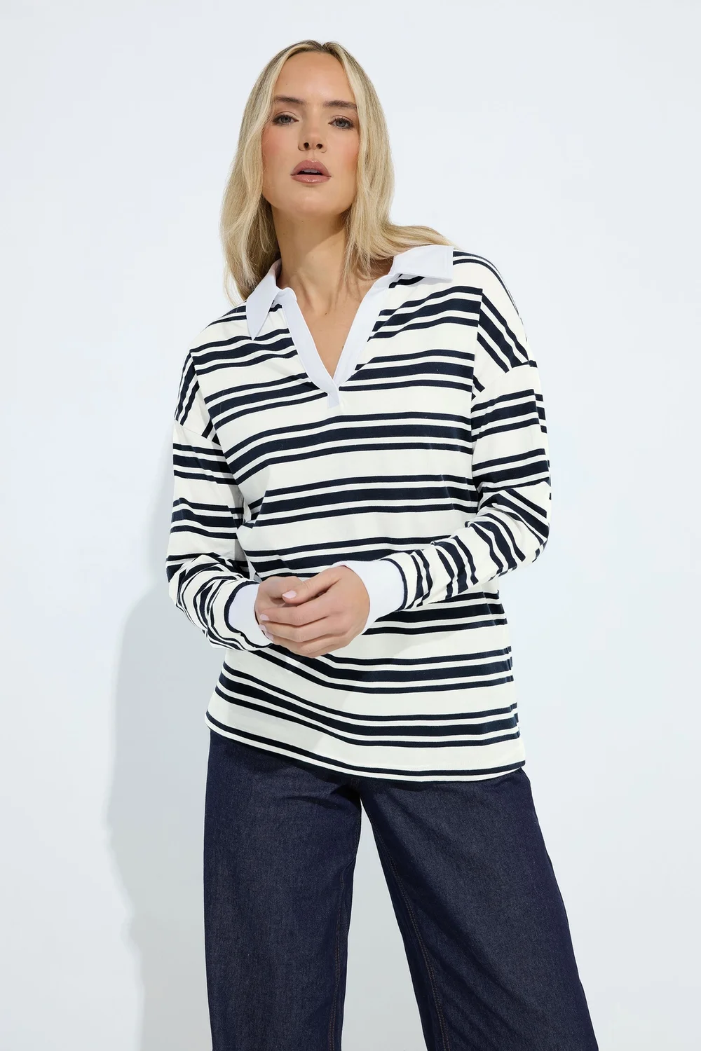 Long Tall Sally Navy Blue Double Stripe Rugby Polo T-Shirt - 20 Image 1
