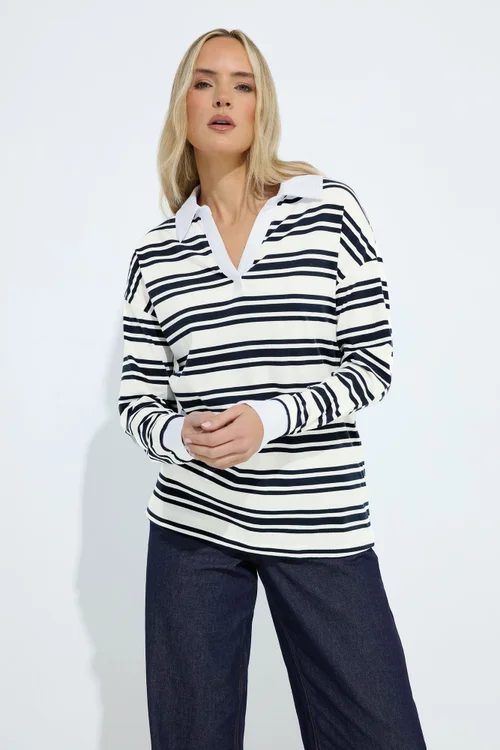 Long Tall Sally Navy Blue Double Stripe Rugby Polo T-Shirt - 20 Image 1