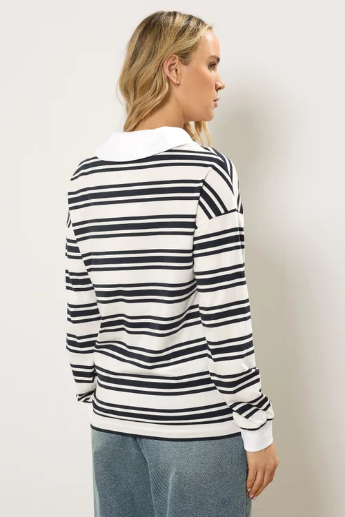 Long Tall Sally Navy Blue Double Stripe Rugby Polo T-Shirt - 20 Image 4