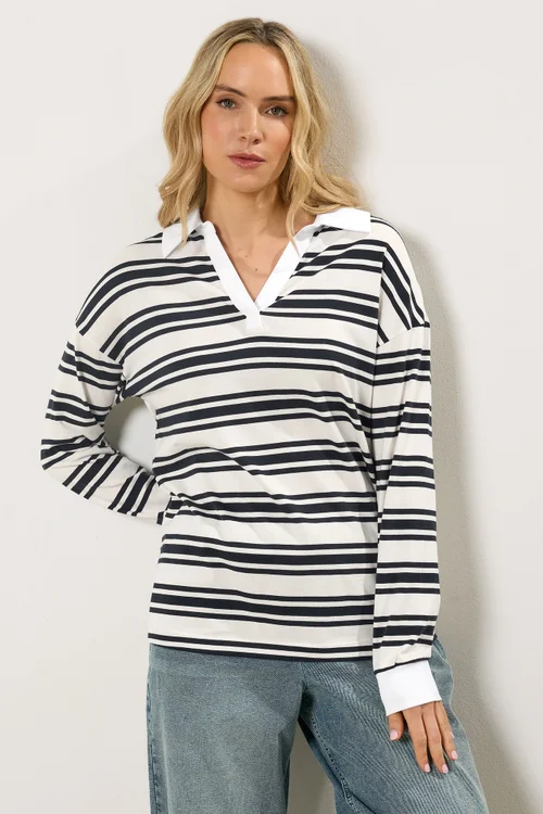 Long Tall Sally Navy Blue Double Stripe Rugby Polo T-Shirt - 20 Image 2
