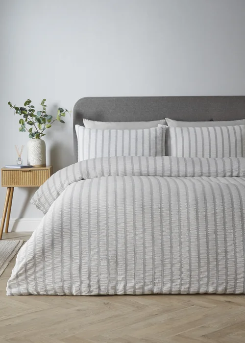 Catherine Lansfield So Soft Seersucker Stripe Duvet Cover Set Grey - Single Image 1