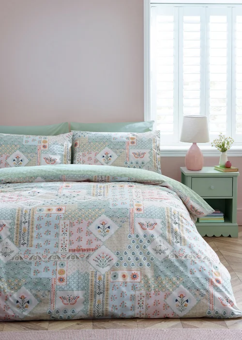 Catherine Lansfield Folk Patchwork Reversible Duvet Cover Set Green - Single Image 1