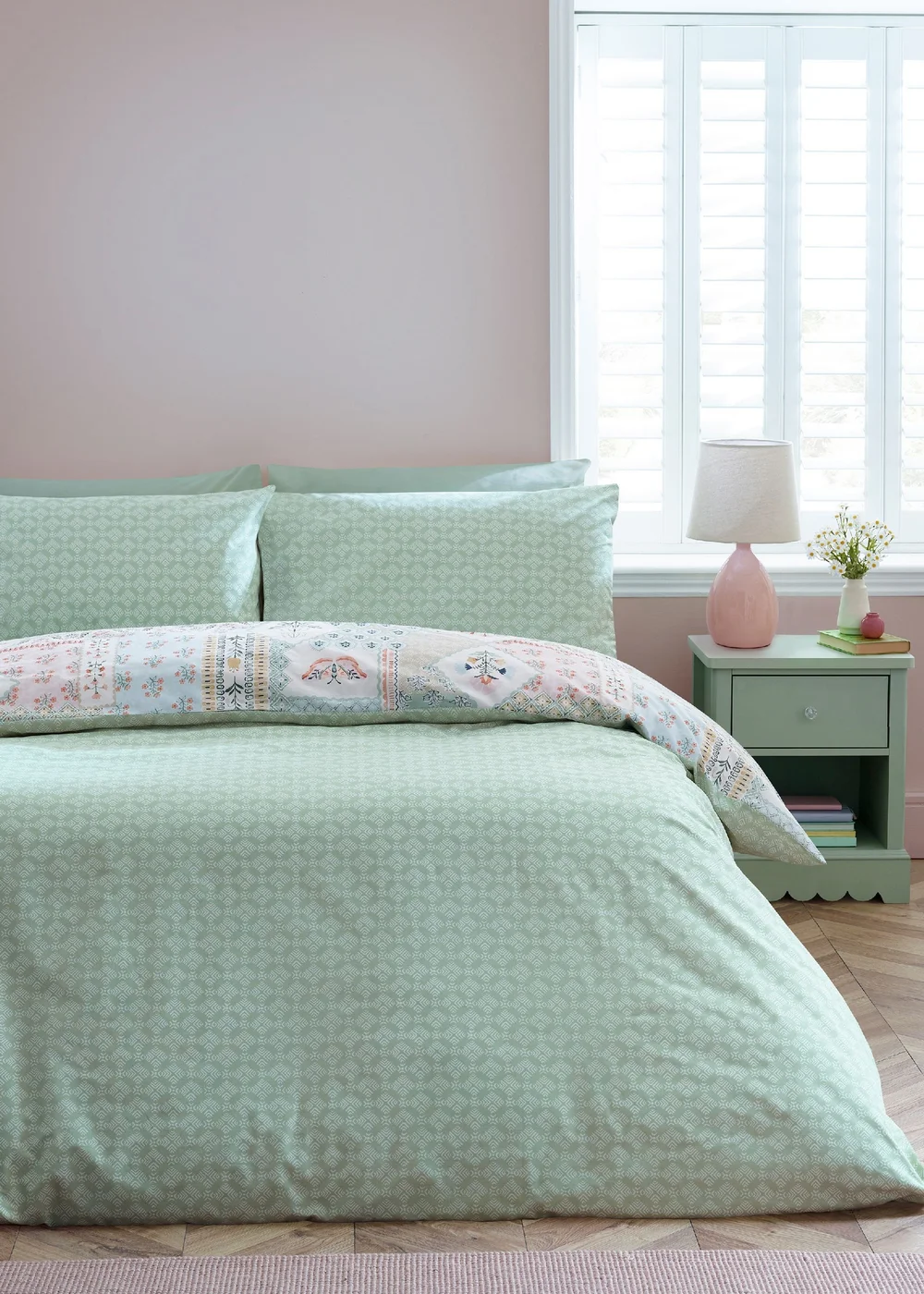 Catherine Lansfield Folk Patchwork Reversible Duvet Cover Set Green - Single Image 2