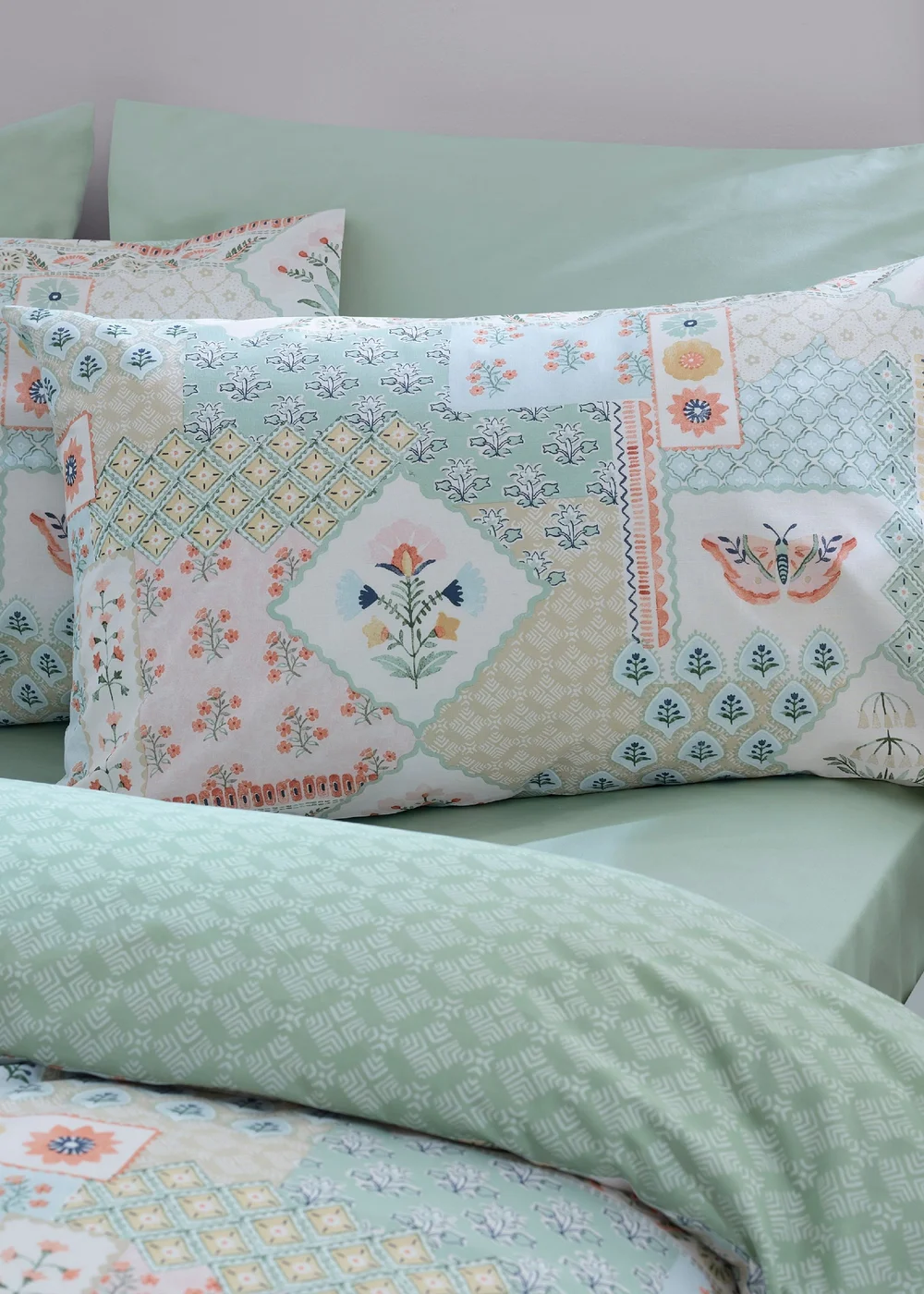 Catherine Lansfield Folk Patchwork Reversible Duvet Cover Set Green - Single Image 3