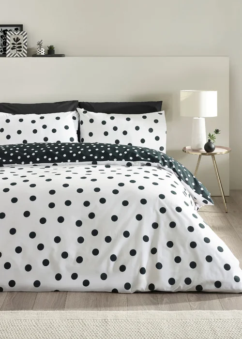 Catherine Lansfield Polka Dot Reversible Duvet Cover Set Black / White - Single Image 1
