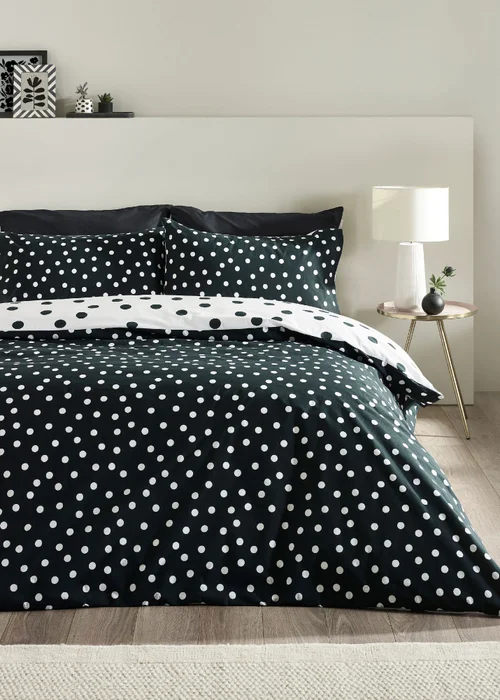 Catherine Lansfield Polka Dot Reversible Duvet Cover Set Black / White - Single Image 2