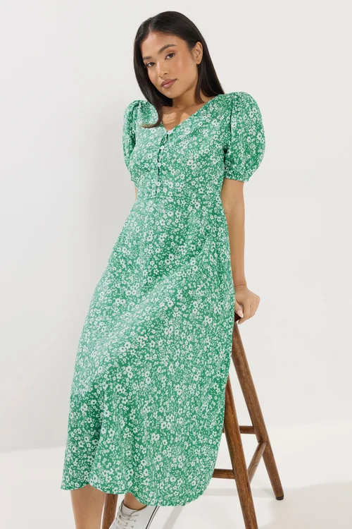 M&Co Petite Green Ditsy Floral Puff Sleeve Dress - 18 Image 3