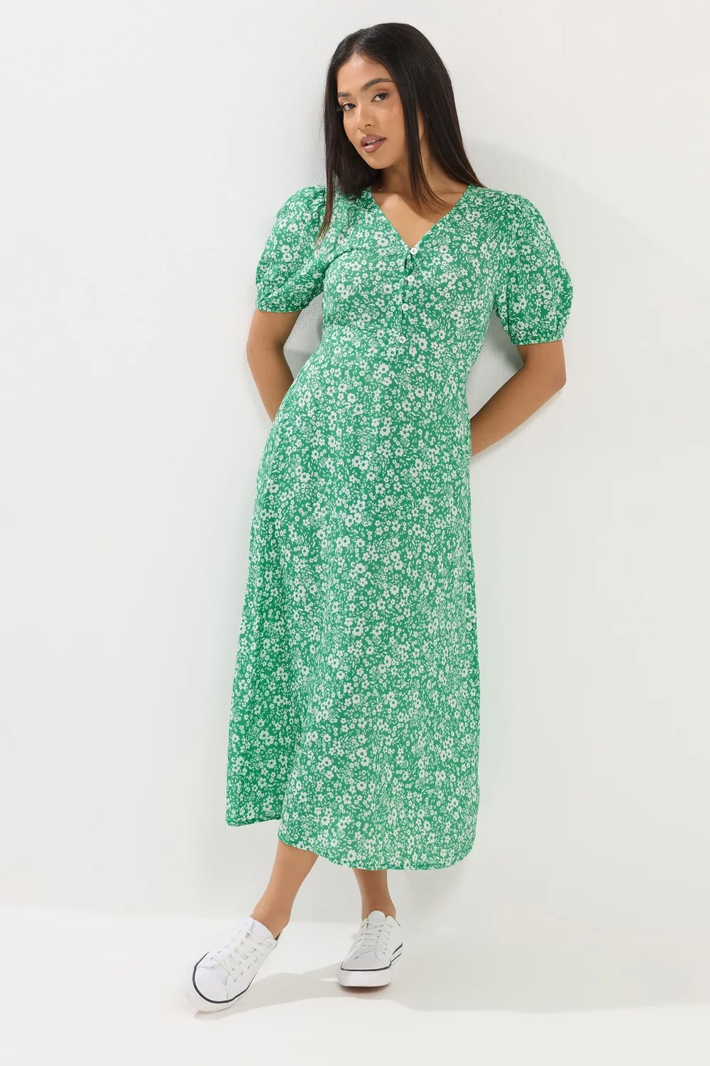 M&Co Petite Green Ditsy Floral Puff Sleeve Dress - 18 Image 1