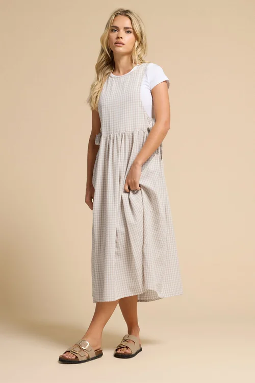 PixieGirl Petite Natural Brown Gingham Tie Side Pinafore Dress - Size 16 Image 1