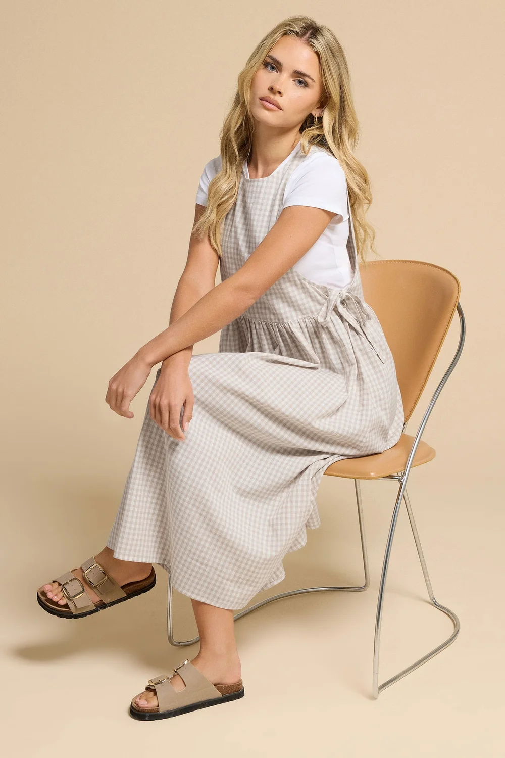 PixieGirl Petite Natural Brown Gingham Tie Side Pinafore Dress - Size 16 Image 2