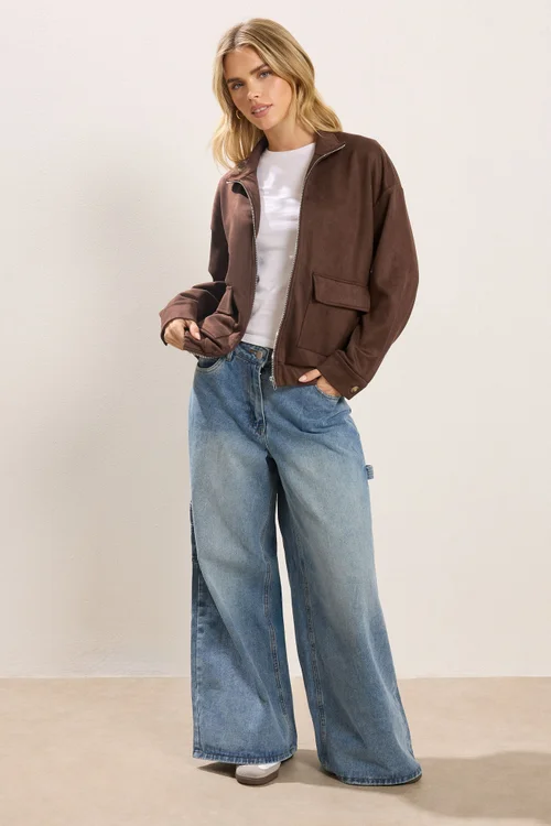 PixieGirl Petite Chocolate Brown Faux Suede Bomber Jacket - 18 Image 2