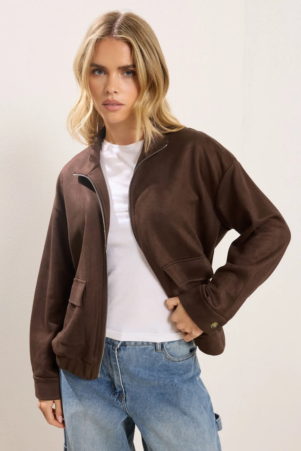 PixieGirl Petite Chocolate Brown Faux Suede Bomber Jacket - 18 Image 1