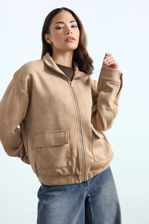 PixieGirl Petite Natural Brown Faux Suede Bomber Jacket - 18 Image 1
