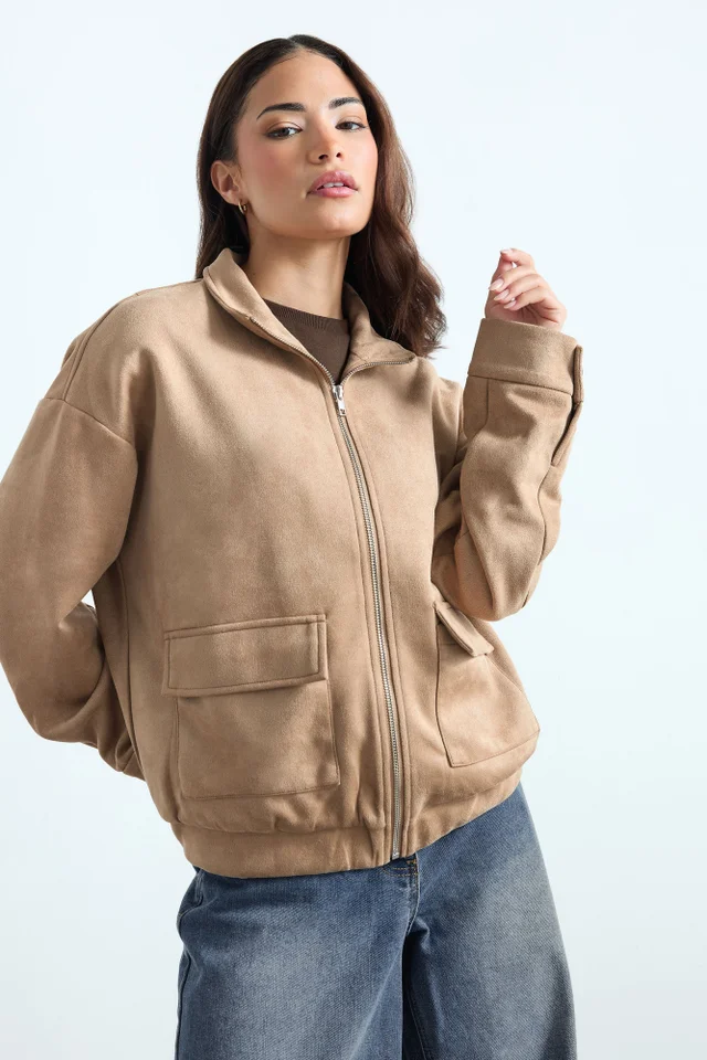 PixieGirl Petite Natural Brown Faux Suede Bomber Jacket