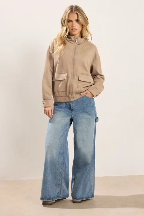 PixieGirl Petite Natural Brown Faux Suede Bomber Jacket - 18 Image 3