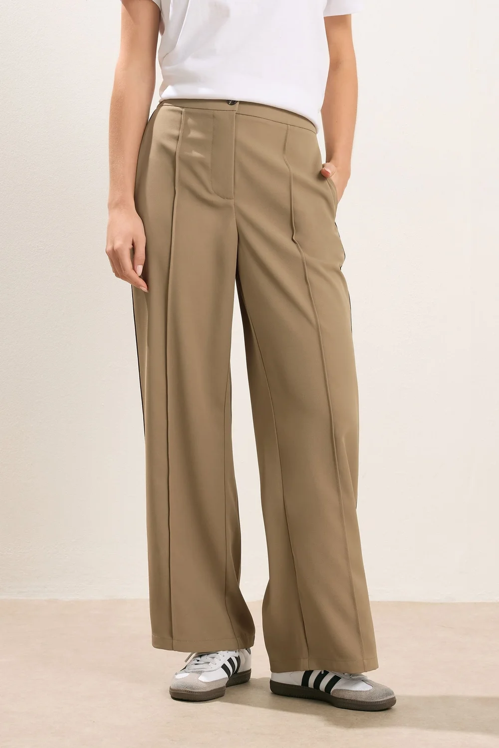 PixieGirl Petite Mocha Brown Side Stripe Wide Leg Trousers - Size 12, Leg 27 Image 3