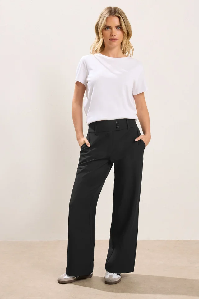 PixieGirl Petite Black Button Tab Detail Wide Leg Trousers
