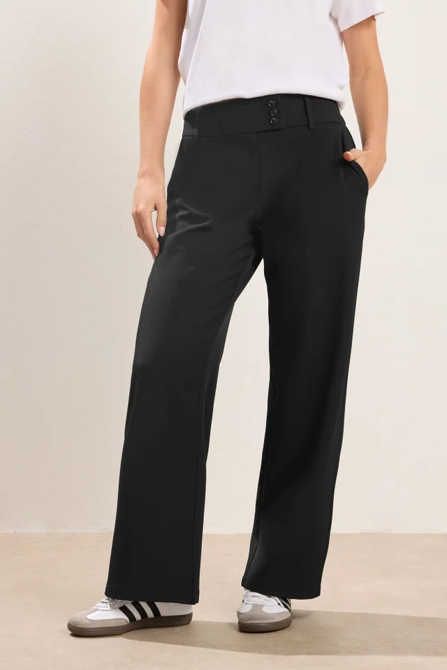 PixieGirl Petite Black Button Tab Detail Wide Leg Trousers