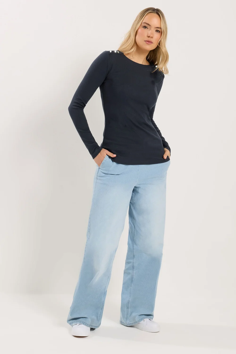 Long Tall Sally Navy Blue Ribbed Button Top - 18 Image 2