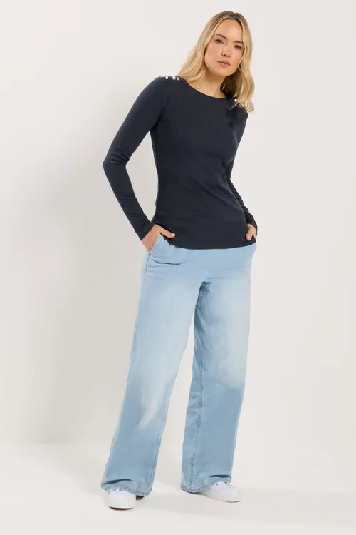 Long Tall Sally Navy Blue Ribbed Button Top - 18 Image 2