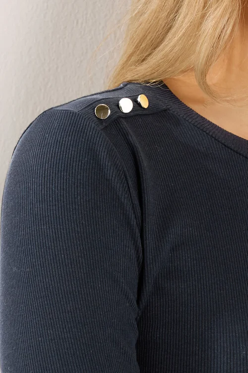 Long Tall Sally Navy Blue Ribbed Button Top - 18 Image 4