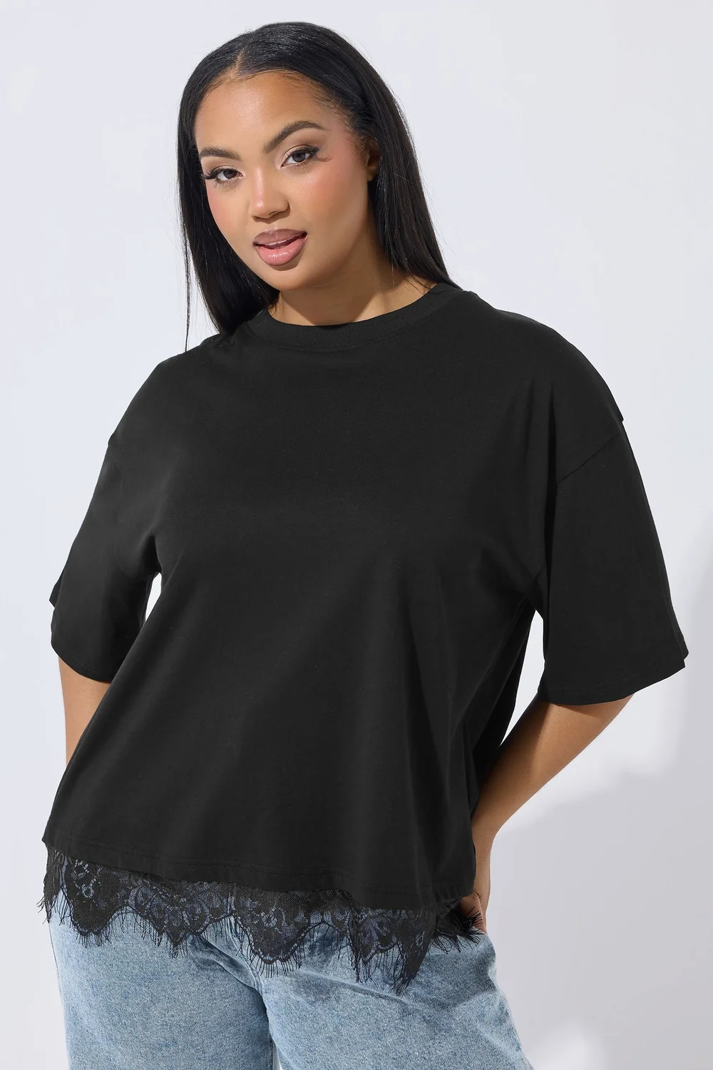 Yours Limited Curve Black Lace Hem T-Shirt - Size 26-28 Image 1
