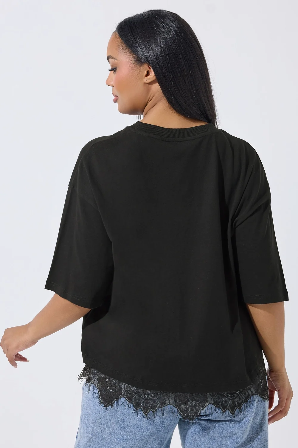 Yours Limited Curve Black Lace Hem T-Shirt - Size 26-28 Image 3
